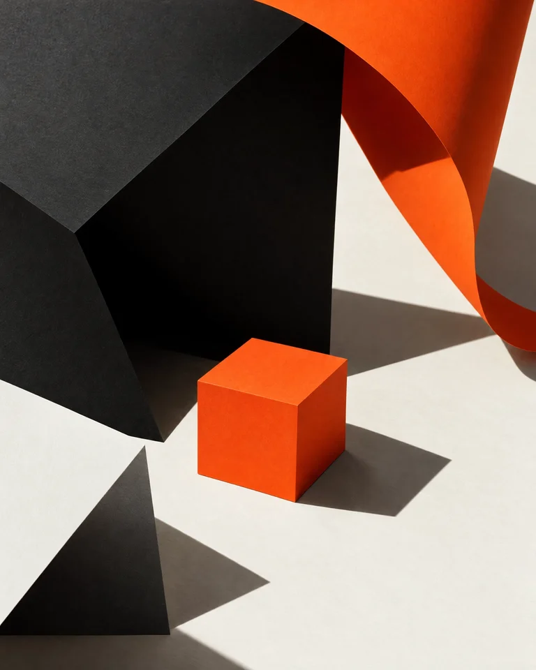 Orangefarbene und schwarze Papierformen mit markanten Schatten